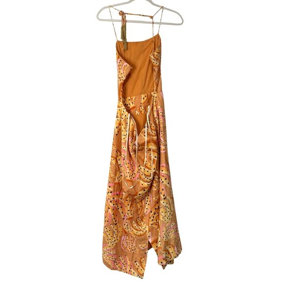 Farm Rio Caramel Raining Banana Midi Dress Linen Womens XL Orange Yellow NEW - Picture 3 of 8